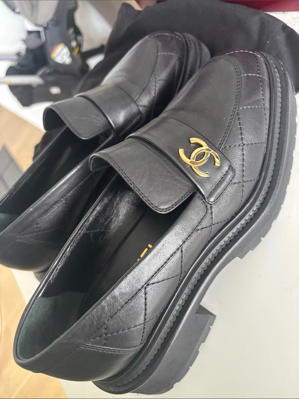 CHANEL Black Leather Loafers with Twin CC Metal Accents - Picture 4 of 5
